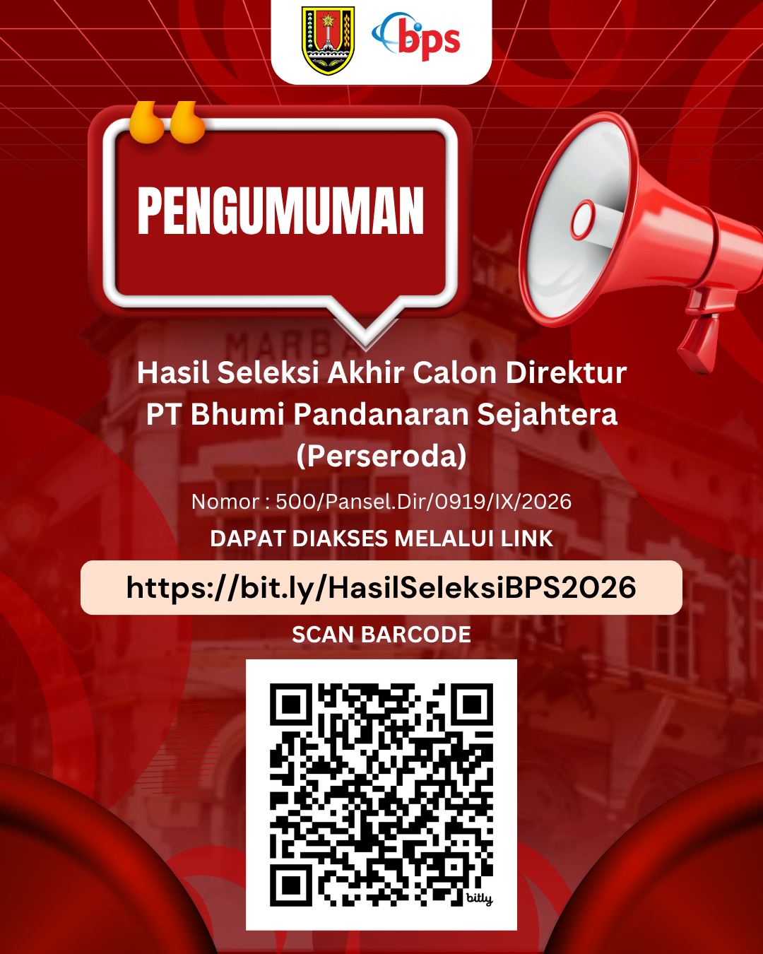 Pengumuman Hasil Seleksi Akhir Calon Direktur Terpilih PT Bhumi Pandanaran Sejahtera (Perseroda) Periode 2026-2030