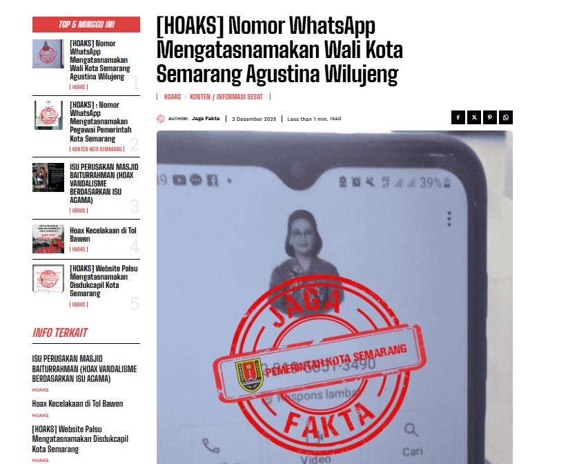 Nomor WhatsApp Mengatasnamakan Wali Kota Semarang Agustina Wilujeng